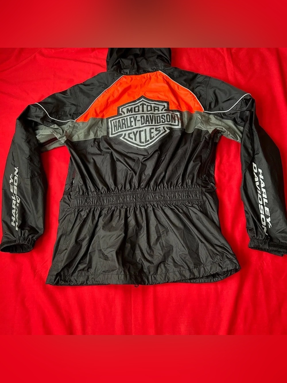 Harley-Davidson Black & Orange Hoode Rain Jacket, Size Medium